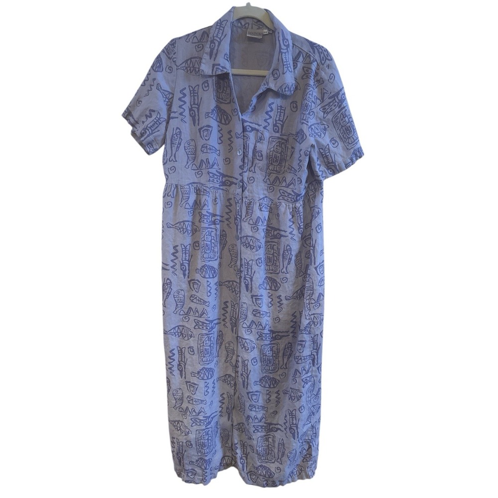 Match Purple Fish‎ Linen Woman's Midi Dress Short Sleeve 14 Petite Resort Beach